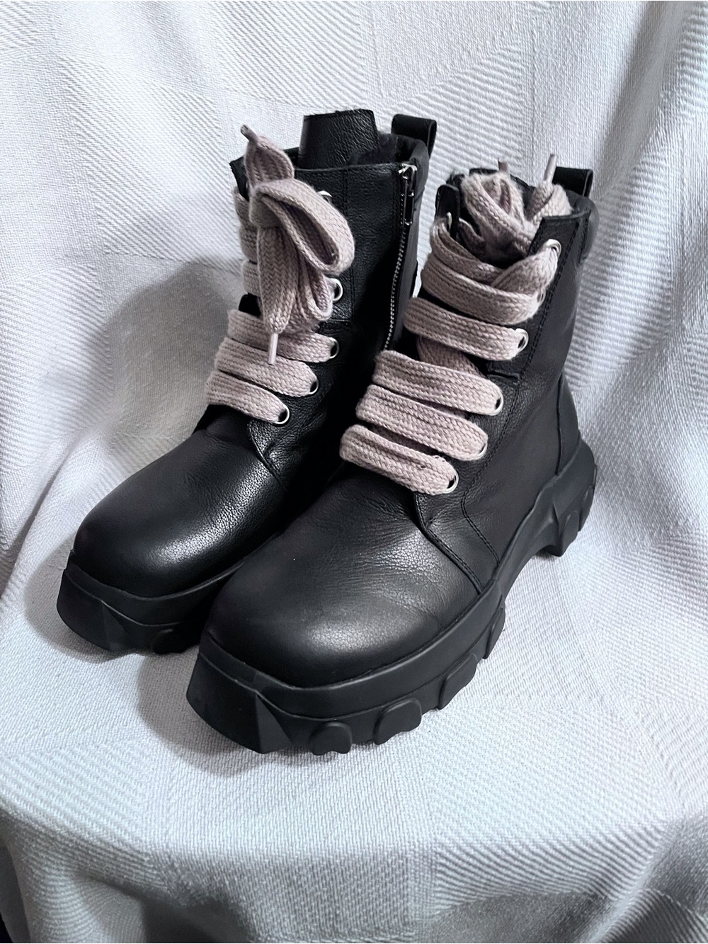 Rick Owens Black Combat Boots with Cream Laces - Women